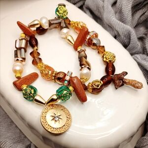 North Star And Mushroom Glass And Goldstone Beaded Bracelet Set Artisan Made